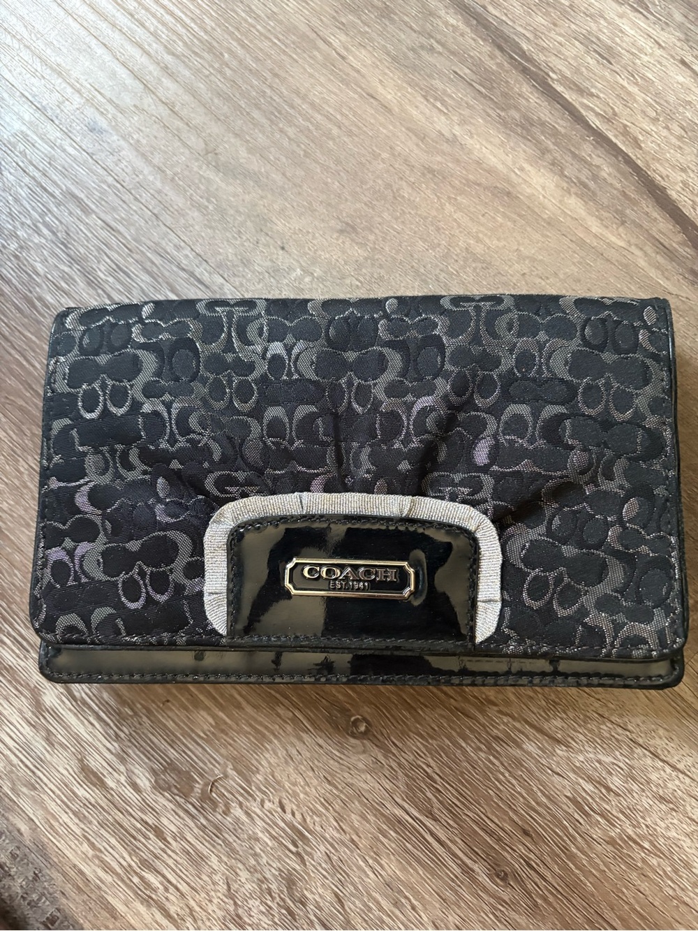 Coach Black Signature Jacquard Fold Wallet with Patent Trim